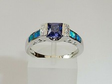 Ladies 925 Solid Silver Princess Cut Tanzanite Solitaire With Opal Accents Ring