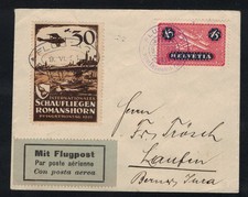 SUISSE 1924 MEETING AÉRIEN ROMANSHORN VOL À ZURICH VIGNETTE 30c + 45c AÉRIEN