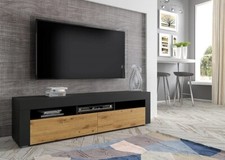 Meuble TV mural et sur pied MORENO 160 noir mat avec porte en chêne 