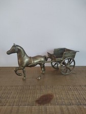 Ancien Cheval en Attelage avec Charrue en Laiton - Décoration Vintage 