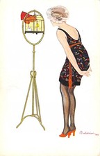 Old postcard illustrator / R. Baldrich / woman with bird cage