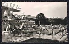 Old postcard Evreux, lively municipal swimming pool with diving board and bathers 
