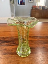 Vintage Art Glass Vase Transparent Green With Small Bubbles All Over Ruffled Top