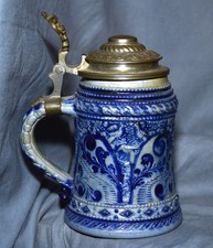 Beer mug sandstone, 1/2L, gray blue, floral patterns, pewter lid, 1900 1920
