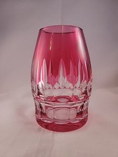 VAL ST LAMBERT RUBY RED Rose CUT TO CLEAR VASE DIAMOND POINT SIGNED 6x4" Vtg 
