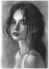 pretty portrait of woman, large original drawing A3 pastel work realism