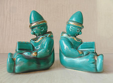 Clowns Serre-Livres Anciens 1950 * Céramique Émaillée Vert * Presse Livres