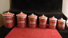 Series of 6 White and Red Enameled Sheet Spice Jars Series BB France