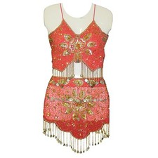 Costume de danse orientale 2 pièces danse du ventre rouge doré Séquins Ensemble