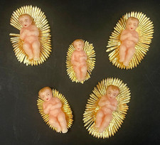 Décoration Noël ancienne - Lot 5 Petits Jésus en cire sur paille en papier doré