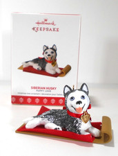 SIBERIAN HUSKY Dog Puppy Love Hallmark Ornament 2017 Blue Eyes on Wood Toboggan