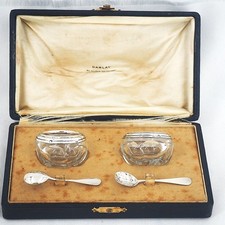 Baccarat Pair of Salt Shakers, Cut Crystal, Frames and Silver Minerva Spoons