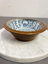 Bol Chinois Ancien en Porcelaine Émaillée Brun & Bleu Blanc 