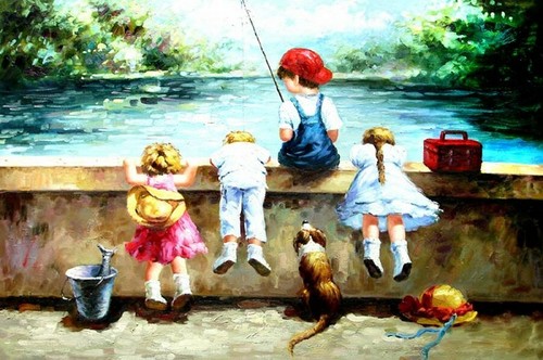 Children fishing painting oil - fishing,