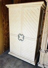 Mediterranean Style Oak Wood Armoire Light Beige 80” Vintage 1990s Classic Style
