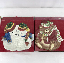 SET of 2 Fitz and Floyd Christmas Cookie Canape Plates POLAR Bear TEDDY Bear