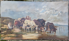XIXe Grand Tableau Huile Toile Christian Mali Peintre Allemand Côté Vaches ART