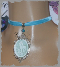 Camée Licorne Ras De Cou Velours Bleu Monture Féerique Collier Argenté