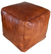 Square Moroccan Leather Pouf Honey Brown - Delivered Stuffed, Ottoman, Footstool
