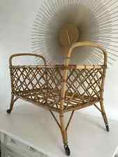 20⚜️Old Doll Bed Crib Bamboo Wicker Rattan 4 Feet on Wheels Vintage