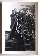 Man smoking, son tree gardening wooden staircase - old photo snapshot c. 1940