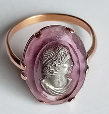 Bague Ancienne plaqué or profil femme antique argent sur pierre violette