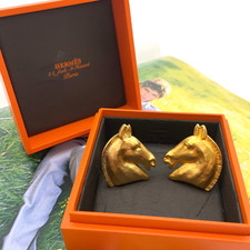 Authentic HERMES Cheval Horse Gold Plated Clip-on Earrings W/B SK090391