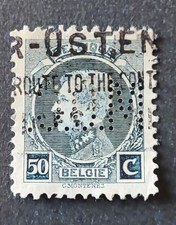 TIMBRE BELGIQUE BELGIE 1922 ROI ALBERT I BLEU 50 OBLITERATION TROUS