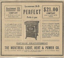 1915 PUBLICITÉ ORIGINALE DES POÊLE À GAZ PERFECT 10-D VENDU PAR THE MONTREAL LIG
