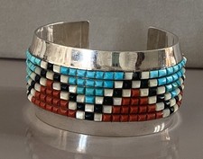 Navajo Cuff Vintage Sterling Silver Coral Turquoise Jet Bracelet argent massif