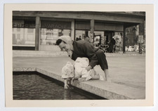 Mother Child Plays Water City Fountain, France - Vintage Photo Snapshot