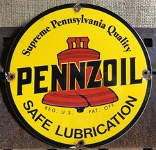 VINTAGE PENNZOIL GASOLINE MOTOR OIL PORCELAIN PURE PENNSYLVANIA GAS SIGN