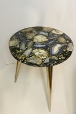 VTG Natural Blue Agate & White Quartz Side Table End Table Chrome Tripod - India