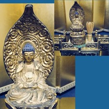 Japanese Wooden Gilt Shaka Nyorai Buddha Statue 9.06inch W/Rail Tatami Base