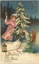 FANCY WAFFLE POSTCARD HAPPY CHRISTMAS LITTLE GIRLS FIR