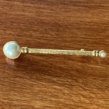 Vintage Chartage Belgium Gold Tone Stick Pin Brooch Large Faux Pearl 3 1/2"