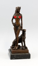 9937412 Bronze-Plastique Sculpture Guerrier Cleopatra Avec Panthère 10x10x27cm