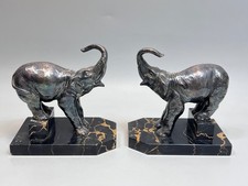1920s Antique Art Deco French Hippolyte Moreau Trunk-up Elephant Bookends Pair