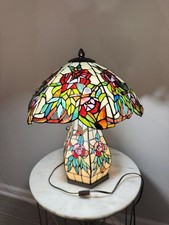 Tiffany Style Stained Glass Table Lamp Lighted Base Floral Butterfly Design 