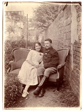Portrait Young Woman Military Man Sitting Sofa Antique Photo Year. 1910