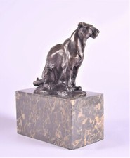 Bronze Sculpture Assise Panthère Animaux Sauvages Figure en Base Marbre