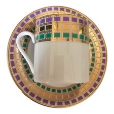 12 Set Fine Porcelain Cups Saucer Dish Mardi Gras Green Purple Gold Checkered 2"