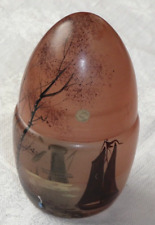 Gorgeous Glass Paste Egg Signed Landscape Character Boats 2 Parts