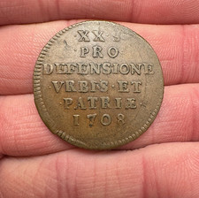 1708 France 20 Sols Copper Coin – Siege/Emergency Issue, Patriotic Motto