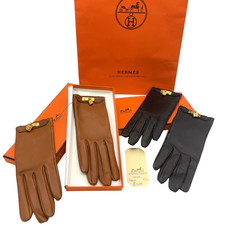 Auth Hermes Kelly Gloves GD Size 7.5 Black/6.5 Brown Leather W/Box,Bag BA090565