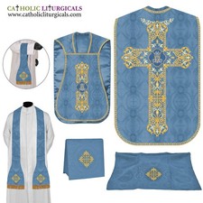 Ensemble vêtement et messe dos violon chasuble romain bleu marial NEUF,...