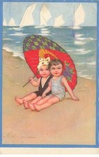 Illustrateur - E. Colombo - Deux entants assis sur une plage sous une ombrelle