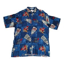 VTG Pierre Cardin Rayon Retro Hawaiian Shirt Medium Barbecue  Pattern Blue Sz L