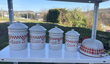 VINTAGE ENAMELLED SHEET METAL SET SUGAR PASTA POT, SEWER CIRCA 1940 BISTRO