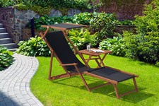 Chaise longue de jardin, chilienne, bain de soleil pliant, bois, tissu noir